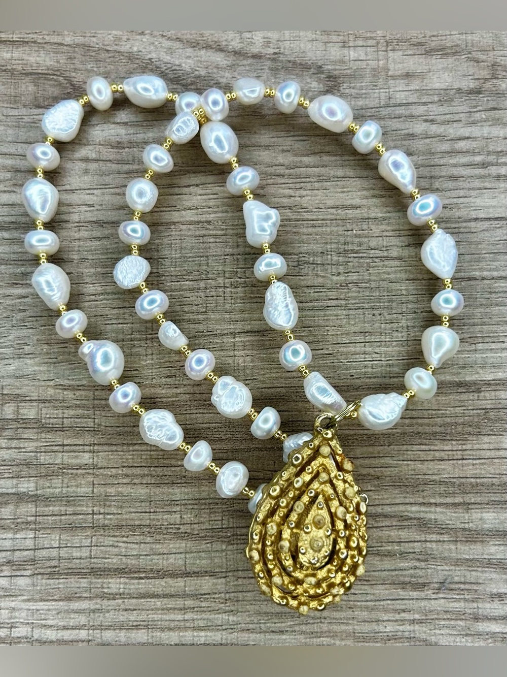 Fresh water Pearl and Vintage Gold Teardrop Pendant Necklace Handmade